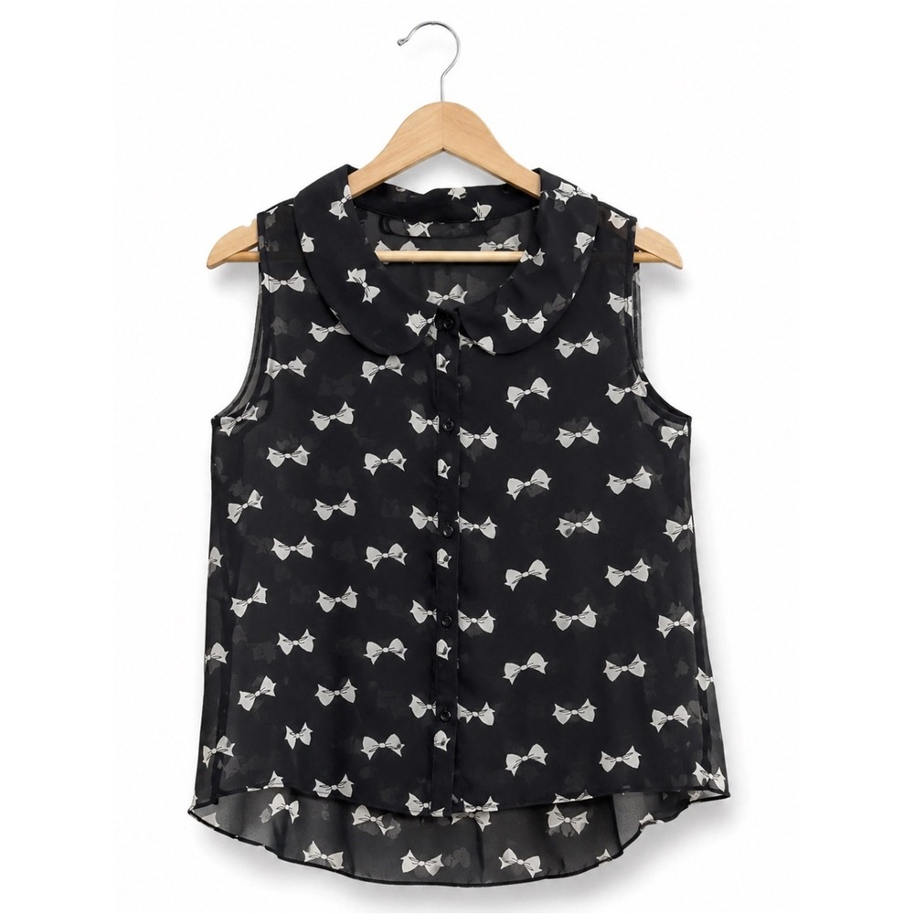 Xhilaration Womens Tank Blouse Sz‎ S Sheer Black Cream Bow Print Racerback